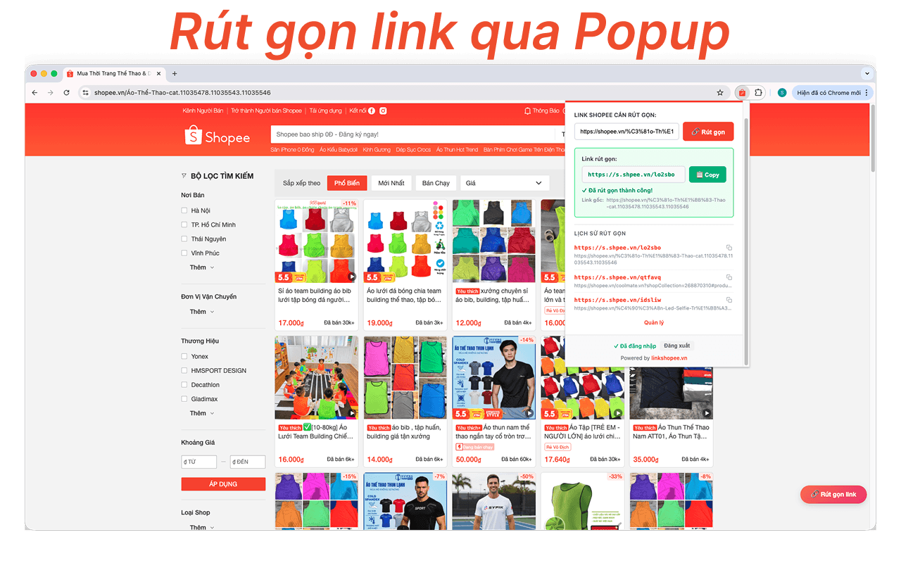 Rút gọn link Shopee qua Popup Extension trên thanh công cụ