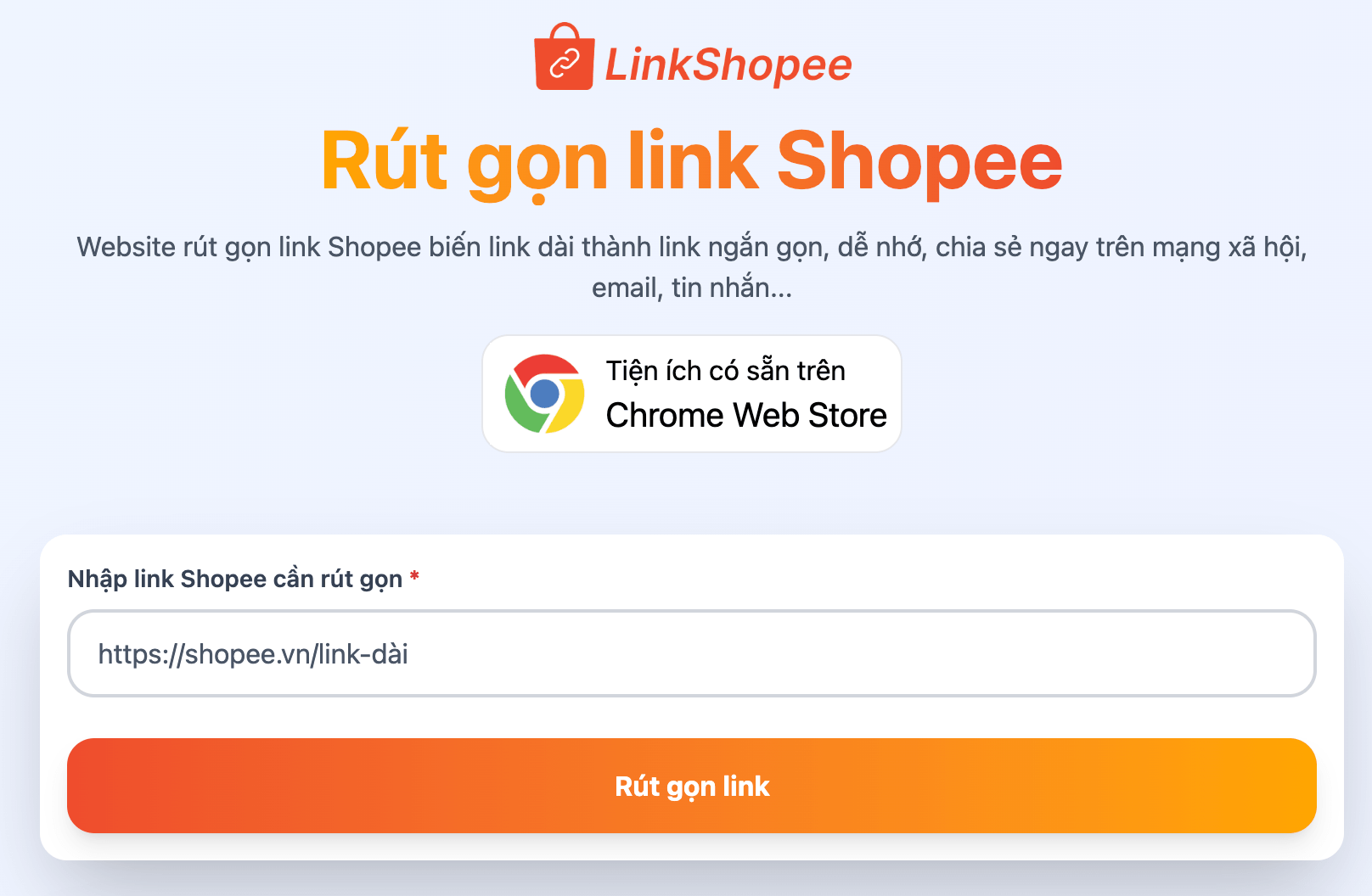 Giao diện ch&iacute;nh của website hỗ trợ r&uacute;t gọn link Shopee