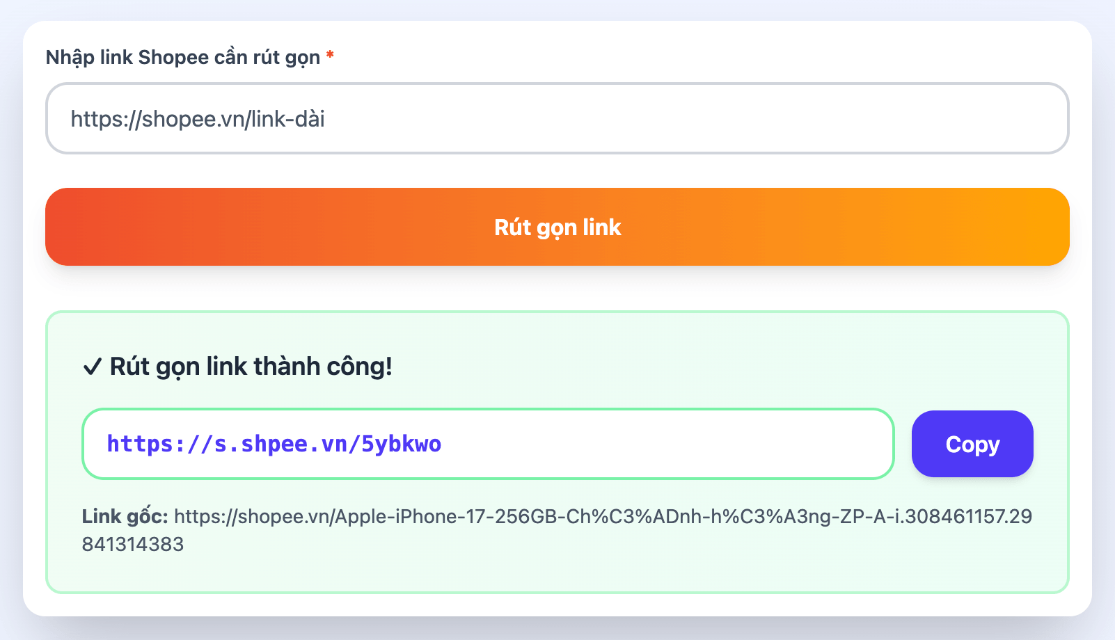 R&uacute;t gọn link Shopee th&agrave;nh c&ocirc;ng