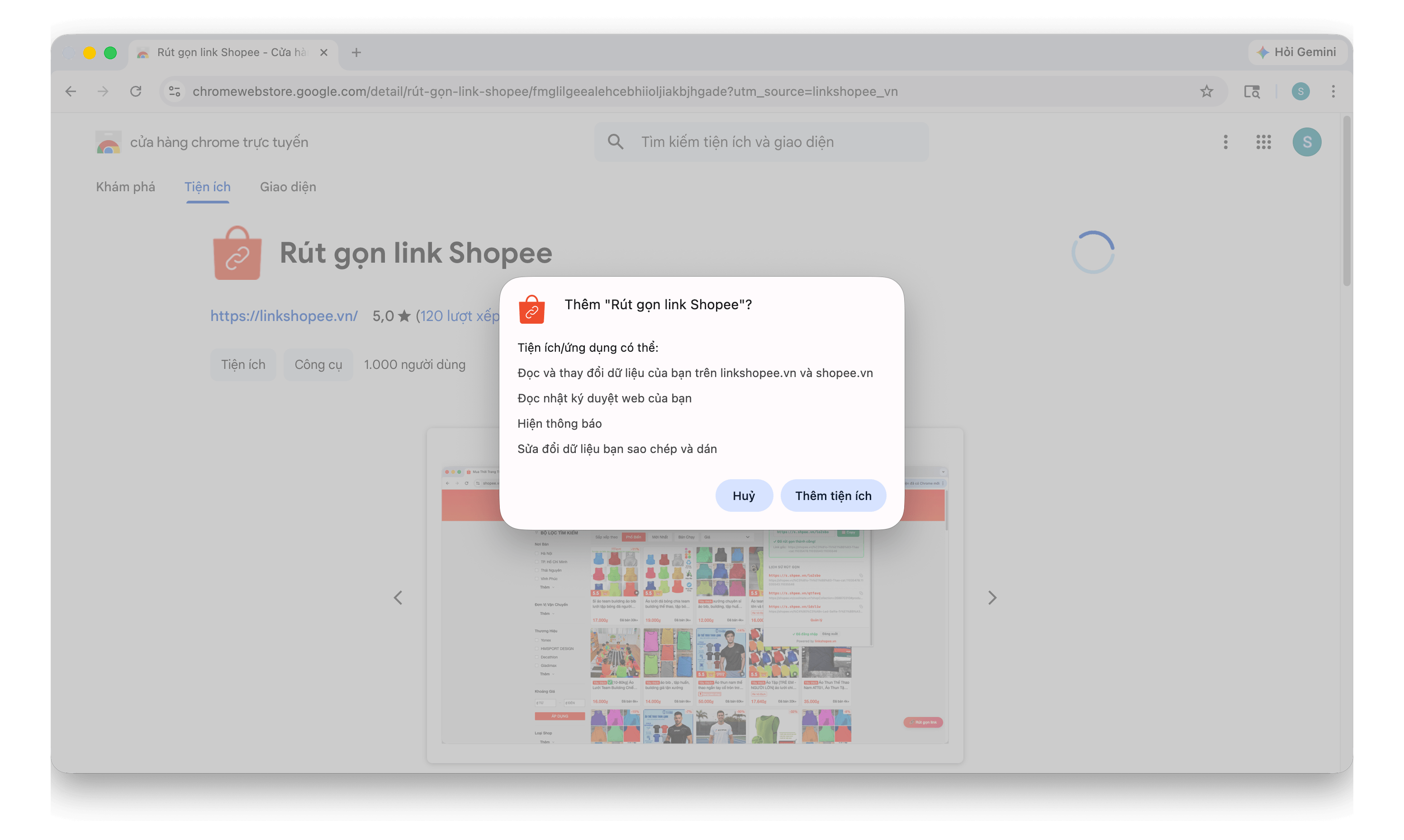 Popup cài đặt tiện ích Rút gọn link Shopee trên Chrome Web Store